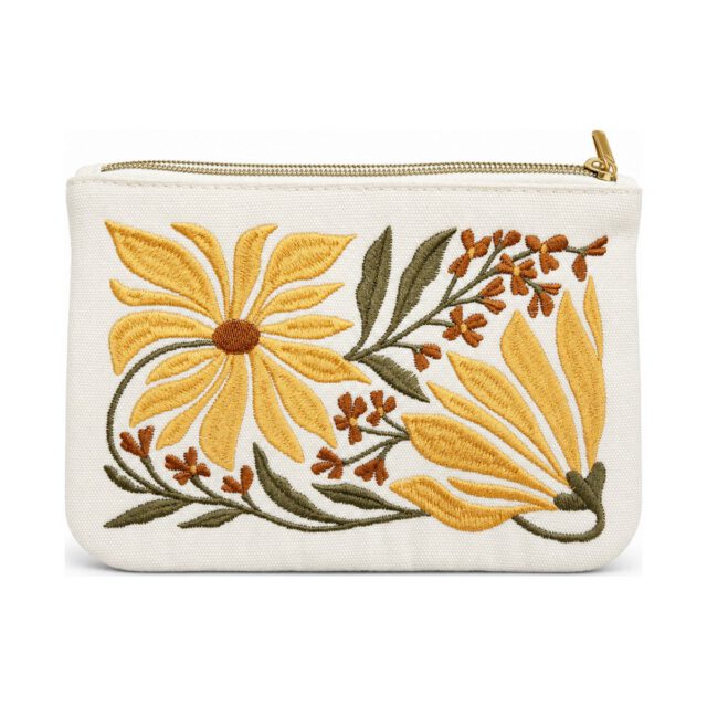 White Mustard Floral Embroidered Cosmetic Bag