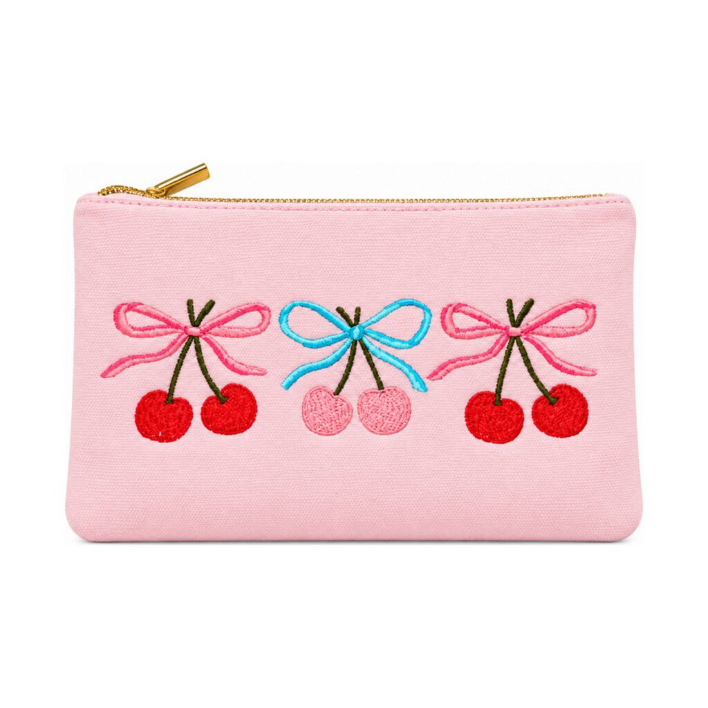 Pink Bow and Cherry Embroidered Cosmetic Bag