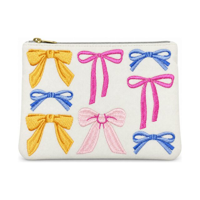White Multicolor Bow Embroidered Cosmetic Bag