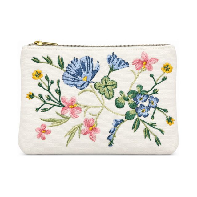 White Multicolor Floral Embroidered Cosmetic Bag