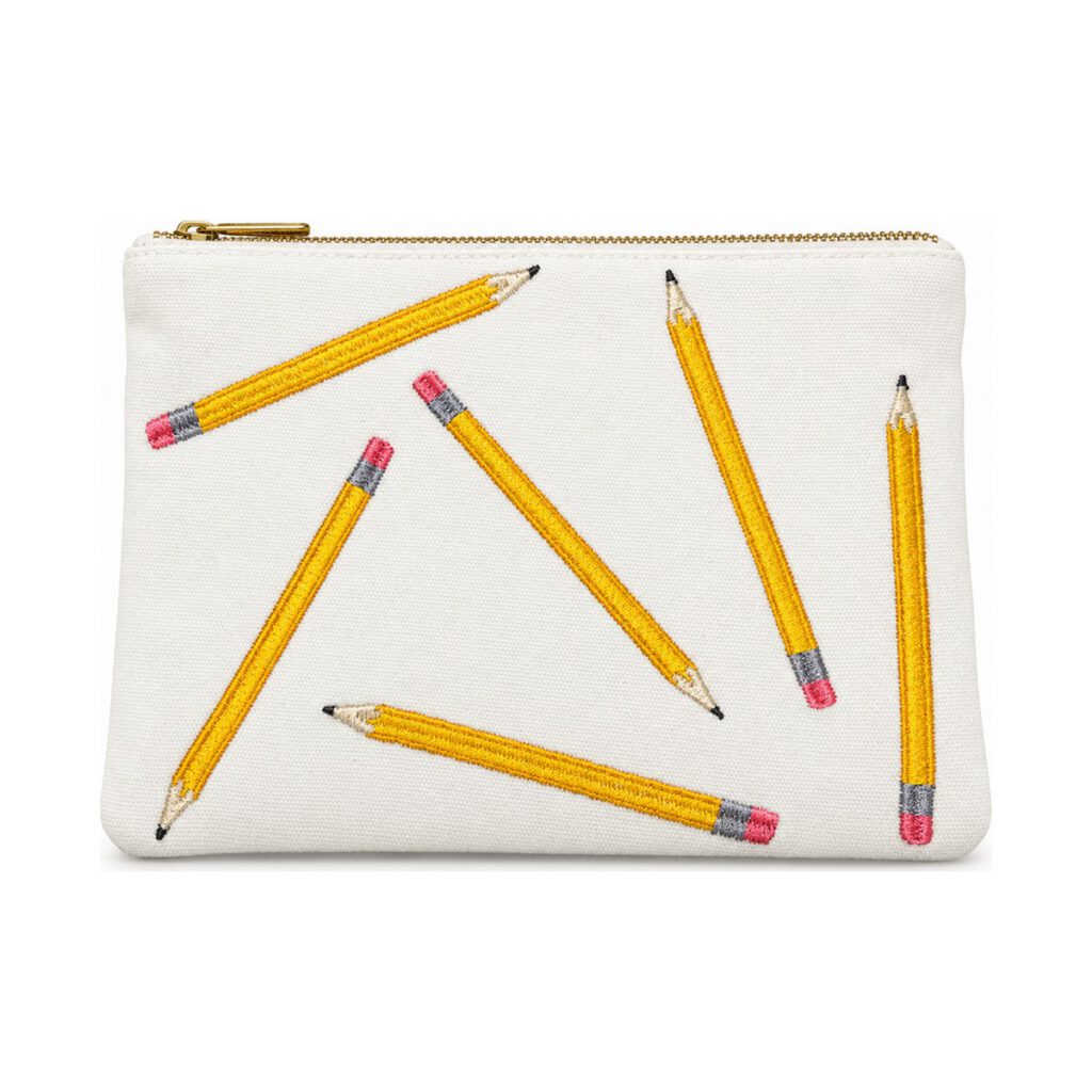 White Yellow Pencil Embroidered Pencil Case