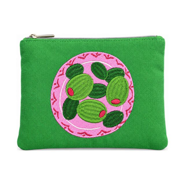 Green Olive Embroidered Cosmetic Bag