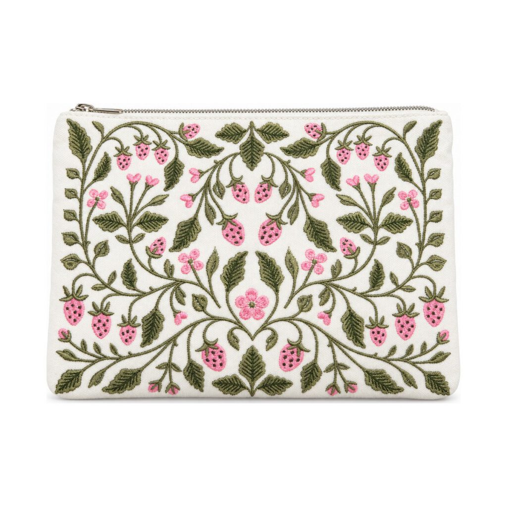 White Strawberry Floral Embroidered Cosmetic Bag
