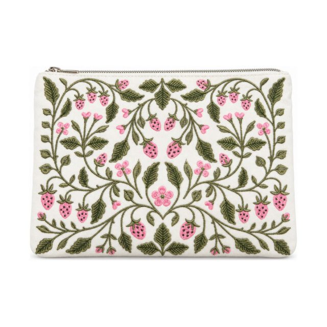 White Strawberry Floral Embroidered Cosmetic Bag