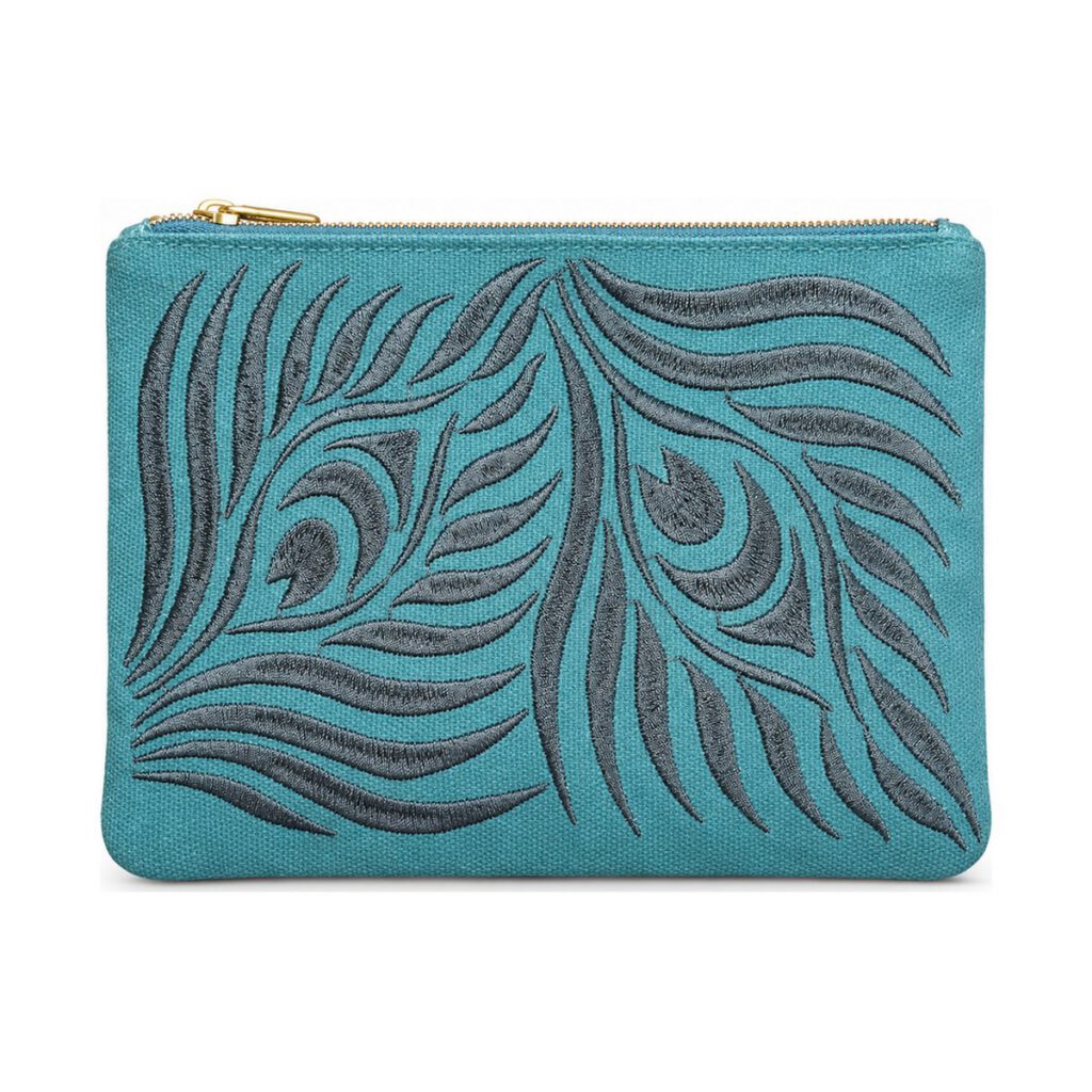 Teal Peacock Feather Embroidered Cosmetic Bag