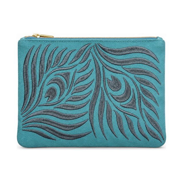 Teal Peacock Feather Embroidered Cosmetic Bag