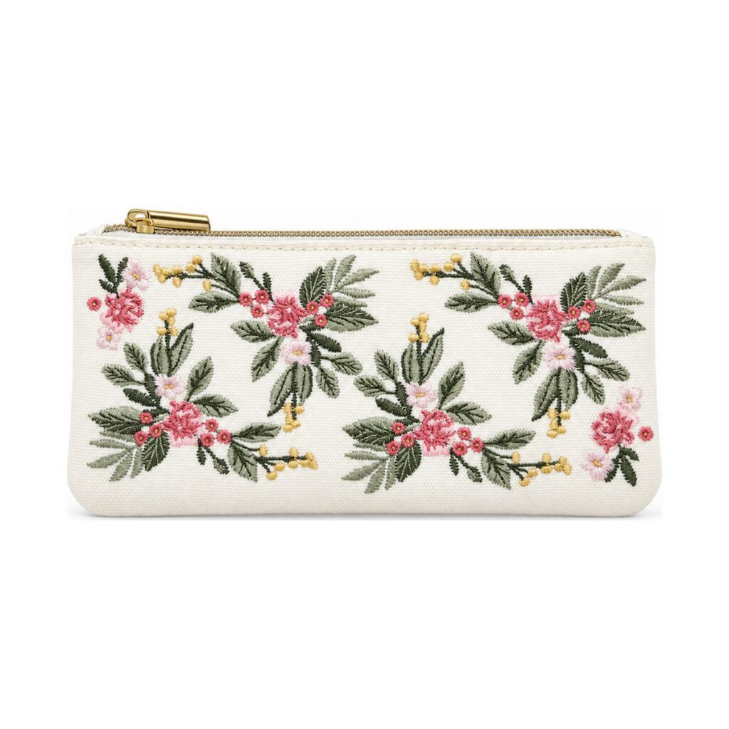 White Pink Rose Embroidered Pencil Case