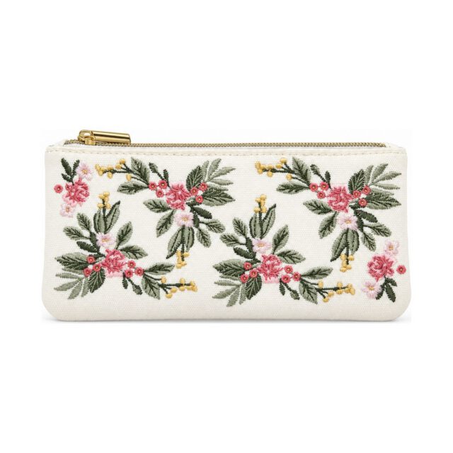 White Pink Rose Embroidered Pencil Case