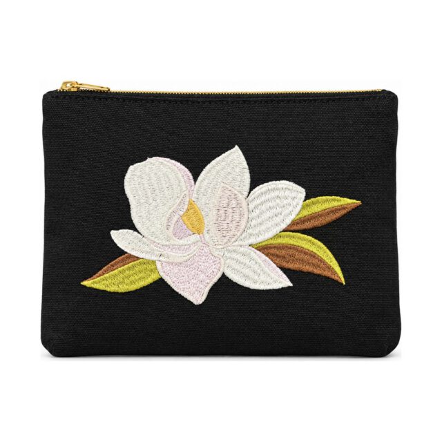 Black White Magnolia Embroidered Cosmetic Bag