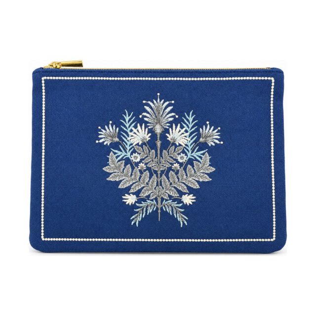 Blue Floral Embroidered Cosmetic Bag