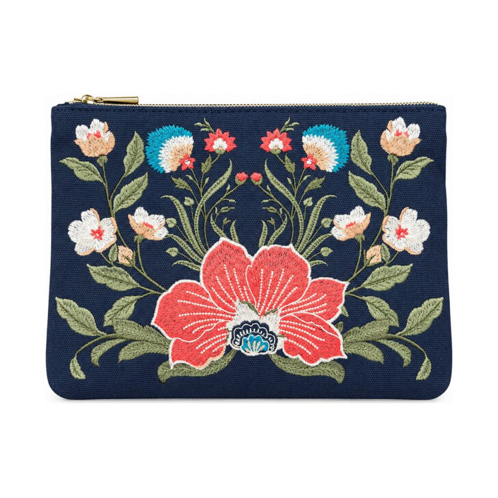Navy Multicolor Floral Embroidered Cosmetic Bag