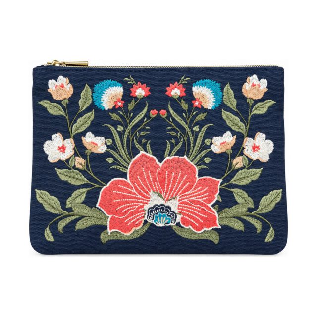 Navy Multicolor Floral Embroidered Cosmetic Bag