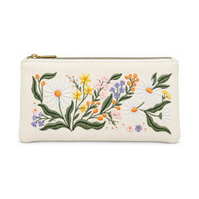 Off-White Daisy Floral Embroidered Pencil Case