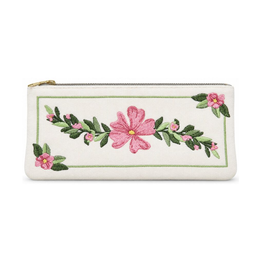 Off-White Pink Floral Embroidered Pencil Case