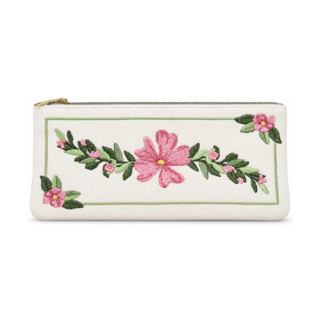 Off-White Pink Floral Embroidered Pencil Case