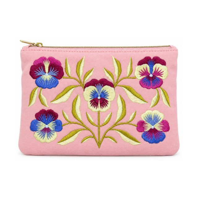 Pink Pansy Embroidered Cosmetic Bag