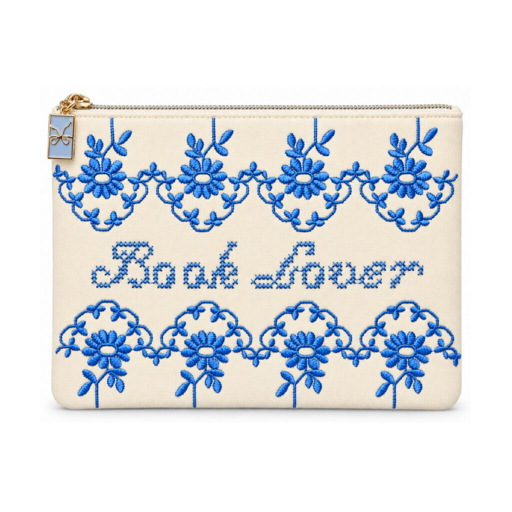 Off-White Blue Floral Letter Embroidered Cosmetic Bag