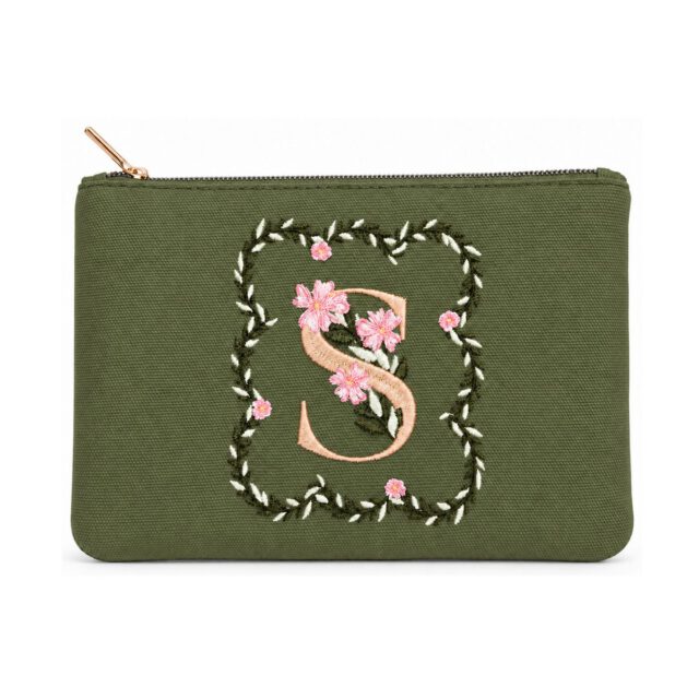 Army Green Floral Letter S Embroidered Cosmetic Bag