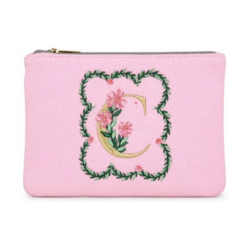Pink Floral Letter C Embroidered Cosmetic Bag
