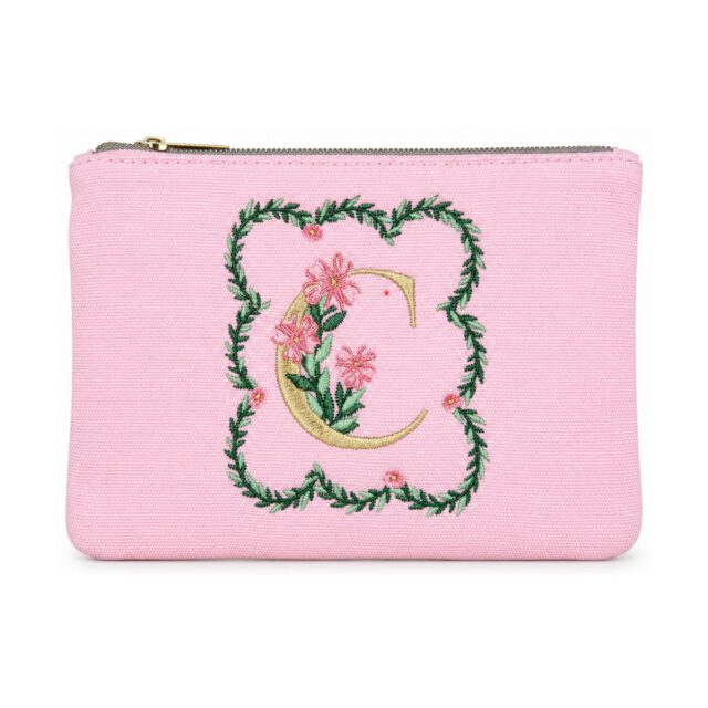 Pink Floral Letter C Embroidered Cosmetic Bag