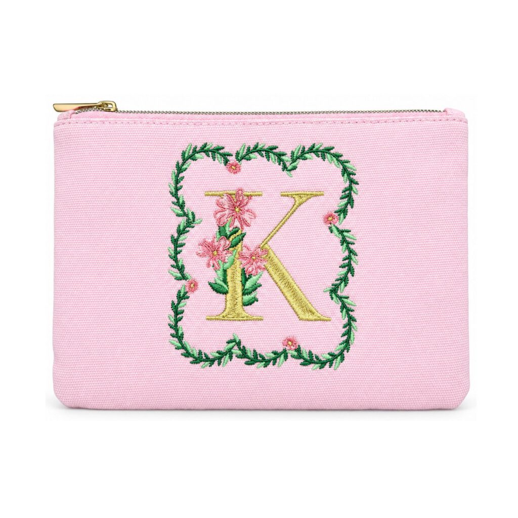 Pink Floral Letter K Embroidered Cosmetic Bag
