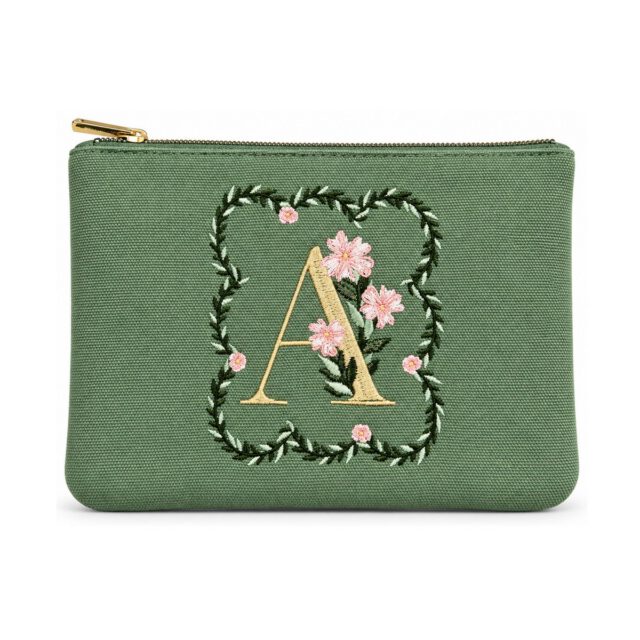 Army Green Floral Letter A Embroidered Cosmetic Bag