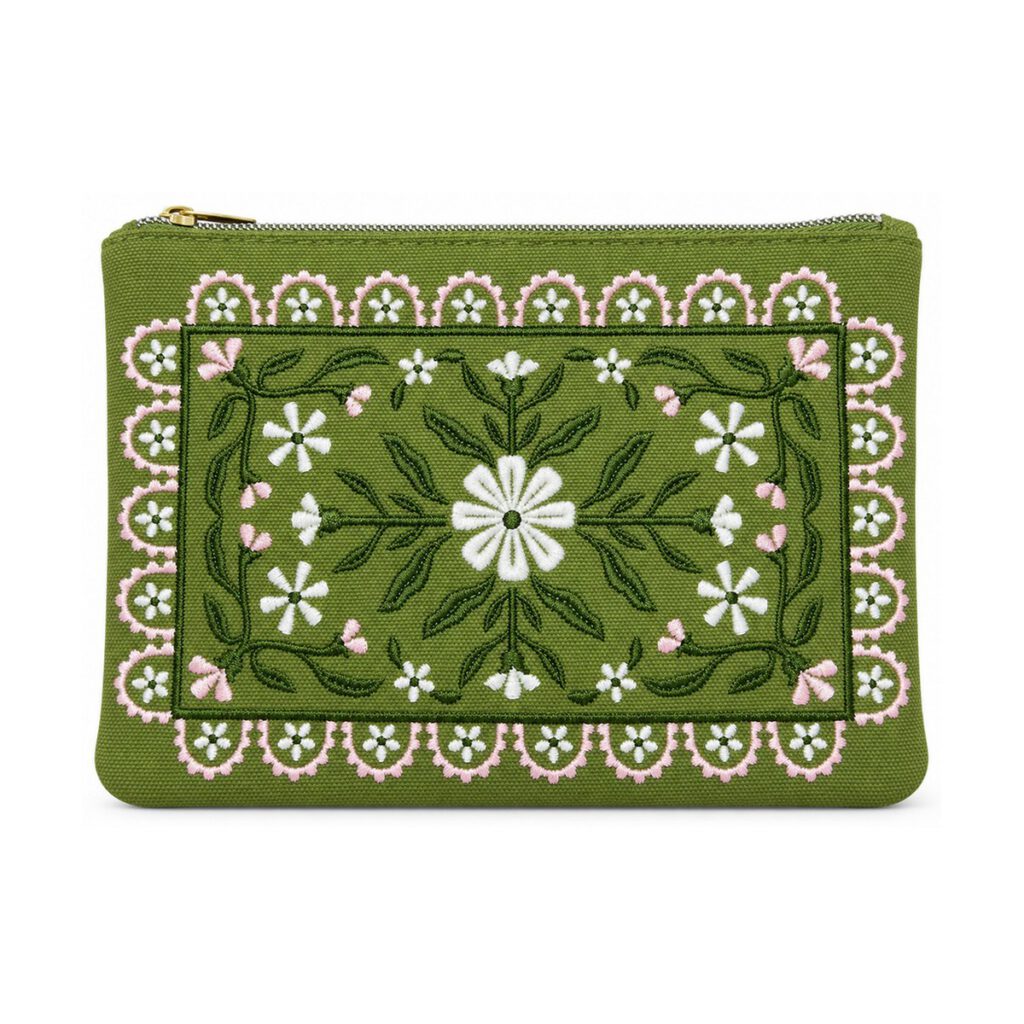 Army Green Floral Border Embroidered Cosmetic Bag