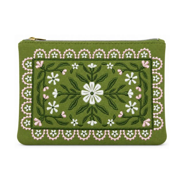 Army Green Floral Border Embroidered Cosmetic Bag