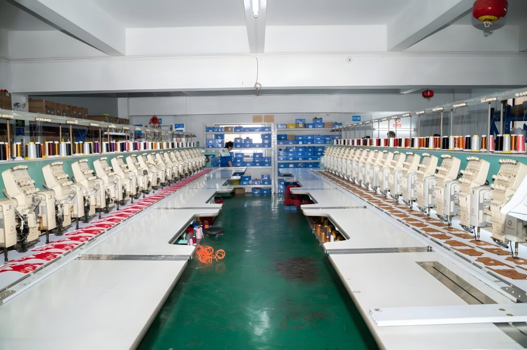 Rows of multi-head embroidery machines in the Bufan workshop